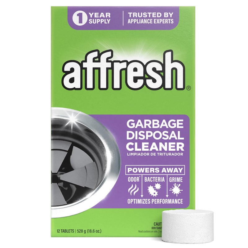 Affresh Garbage Disposal Cleaner, Helps Power Away Odor Causing Bacteria, Debris & Grime in Grind Chamber, Impeller & Drain Pipe, 12 Tablets, 1 Year Supply - Image 1